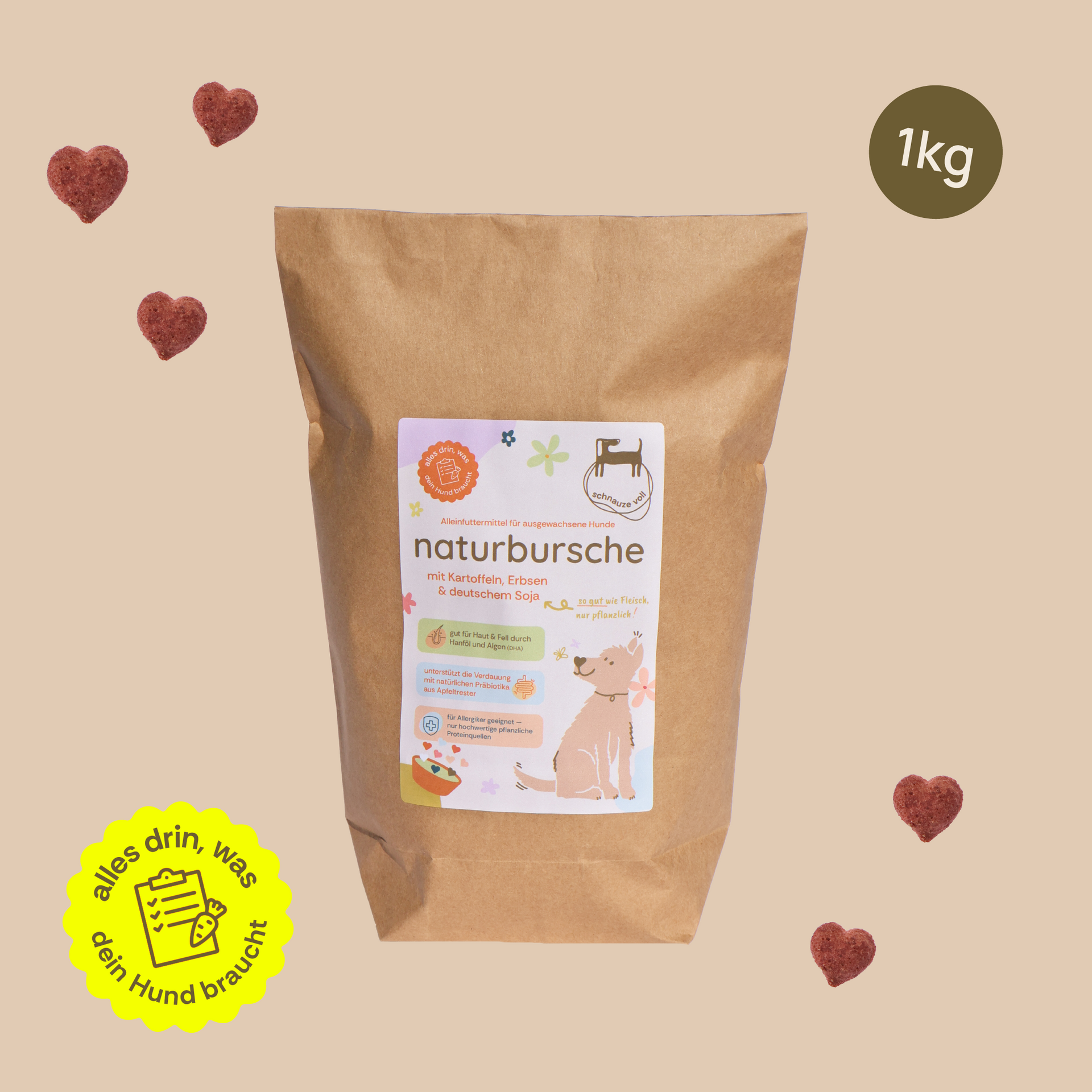 Trockenfutter für Hunde — naturbursche — mit Kartoffeln, Erbsen & deutschem  Soja 1kg – schnauze voll Hundefutter