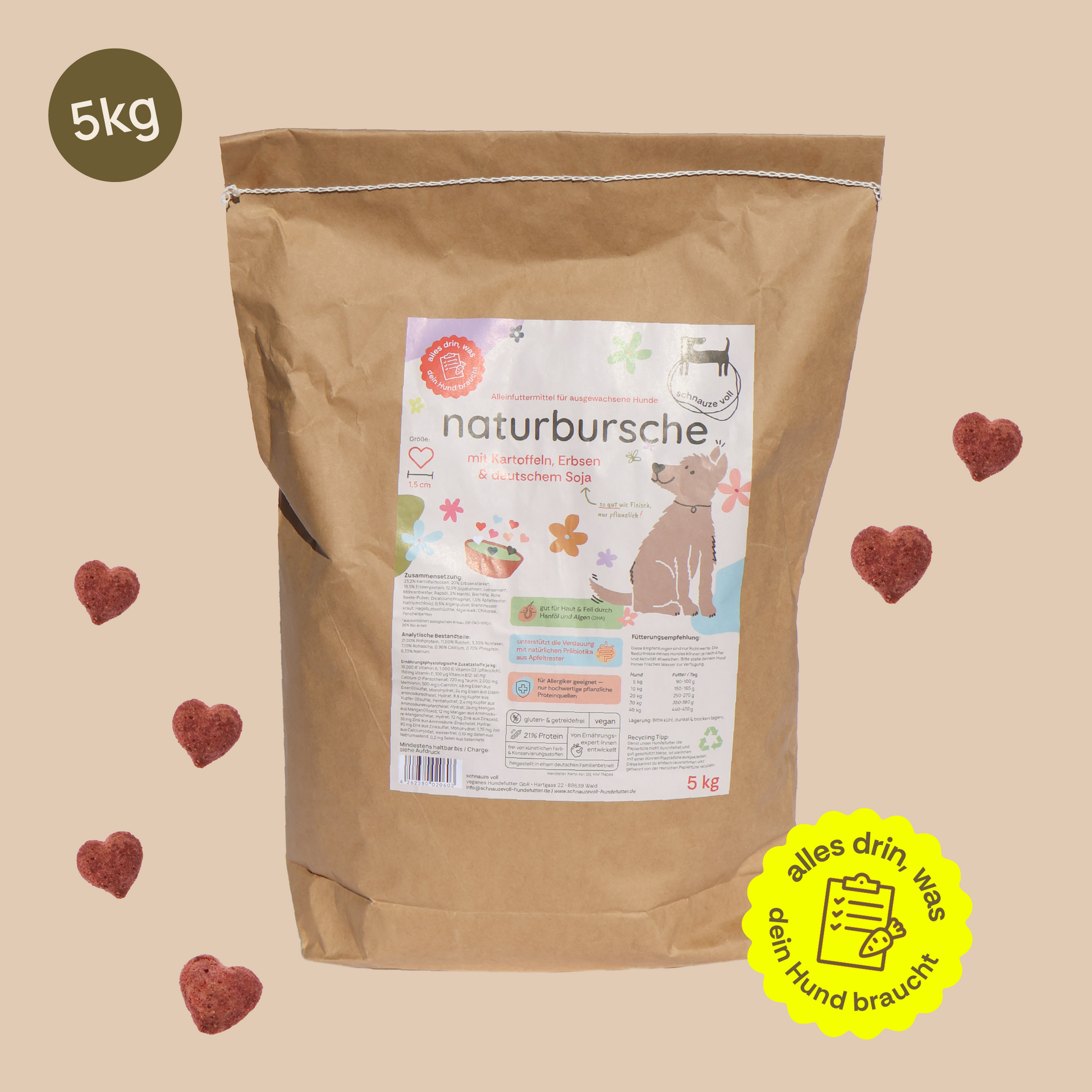 veganes Trockenfutter für Hunde — naturbursche — mit Kartoffeln, Erbsen &  deutschem Soja 5kg – schnauze voll Hundefutter